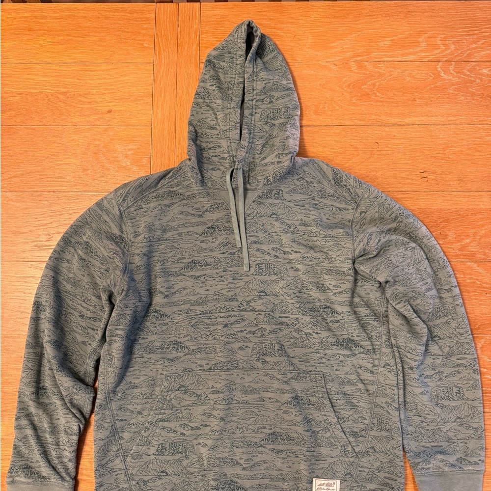 Eddie Bauer Men’s Medium Pullover Hoodie Green Mountain Print Fleece Lined